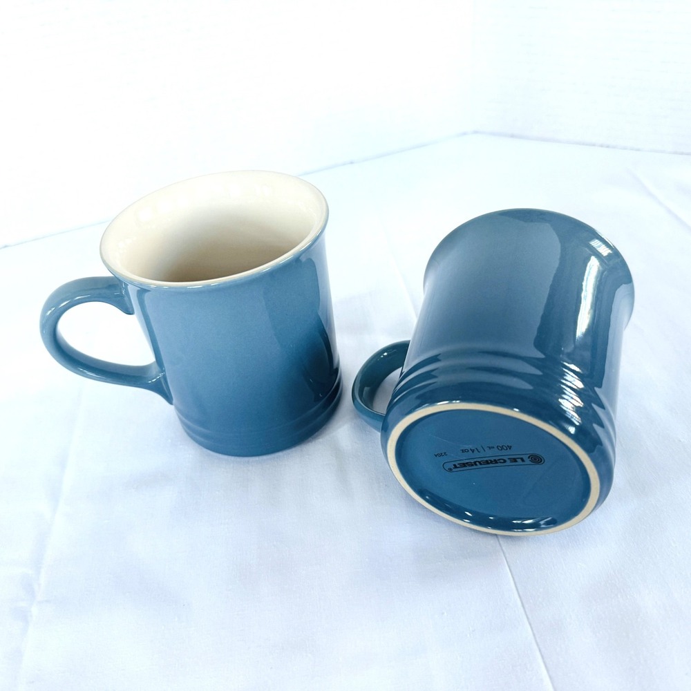 2X Le Creuset 14 oz Chambray Blue Mugs Coffee Tea Stoneware UNUSED